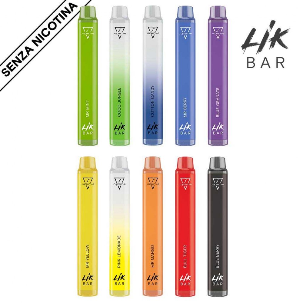 Sigaretta Elettronica Usa e Getta LIK BAR KIT 10 Gusti Senza Nicotina 1Pz per gusto Sigaretta Elettronica Usa e Getta LIK BAR KIT 10 Gusti Senza Nicotina 1Pz per gusto